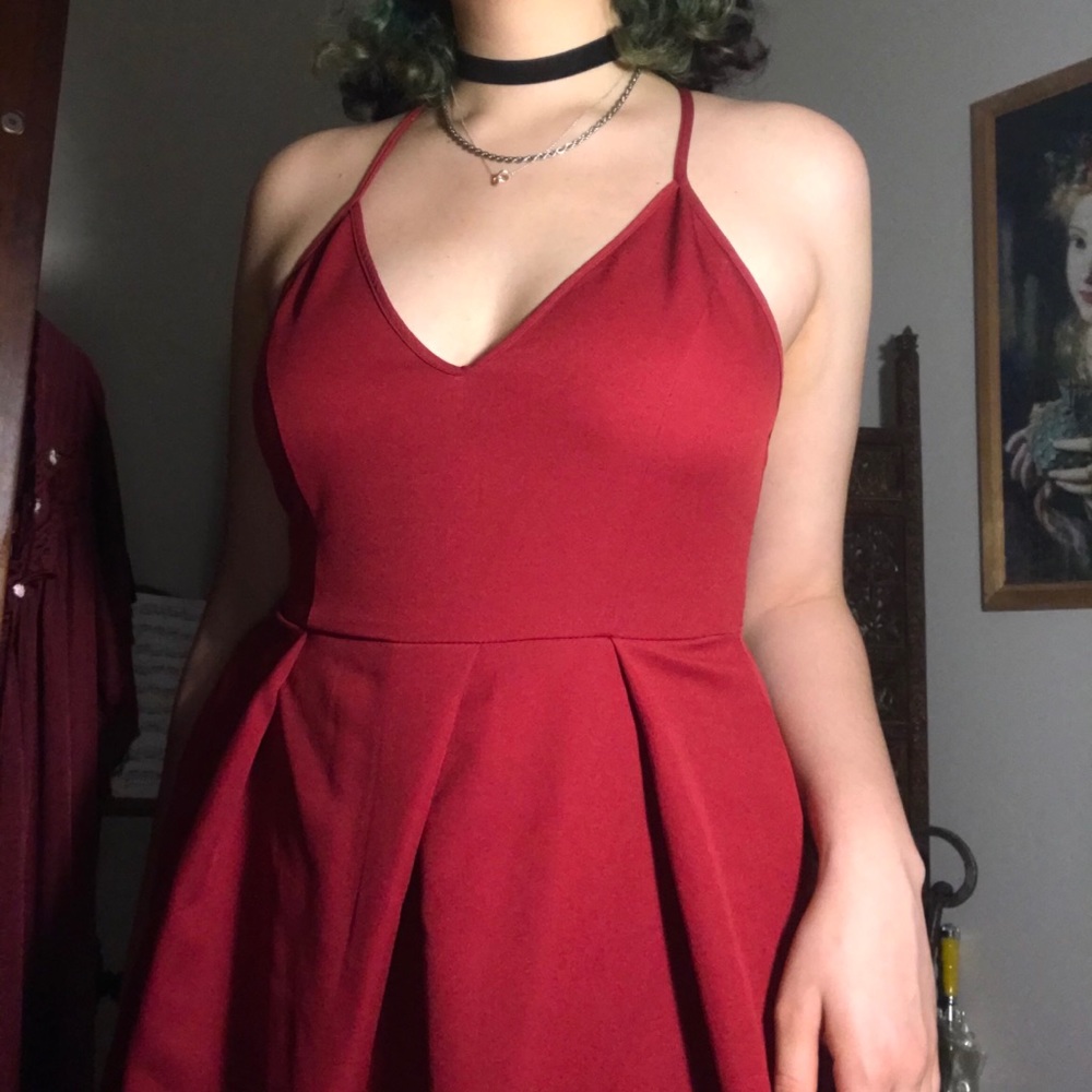 Red flowy knee-length dress